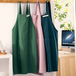Foreign trade Japanese and Korean simple style cotton and linen apron with wide shoulder strap solid color anti-sewage washed cotton home kitchen apron for women wholesale