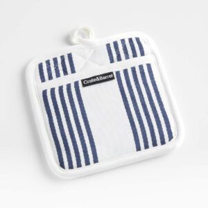 Simple kitchen essentials in quality cotton are striped thick and thin in bright white and bold black. Our organic cotton pot holder cleans up easily in the washing machine and gets softer with use and laundering. Pair our exclusive hot pad with our other black-and-white Cuisine Stripe textiles for a classic and coordinated kitchen. Cuisine Stripe Black Organic Cotton Pot Holder 8"Wx8"D